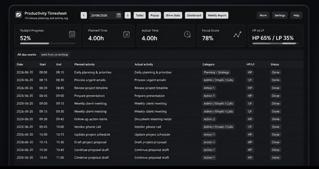 Productivity Timesheet desktop app showing a 15-minute planning and activity log with progress, focus score and a planned-versus-actual timeline